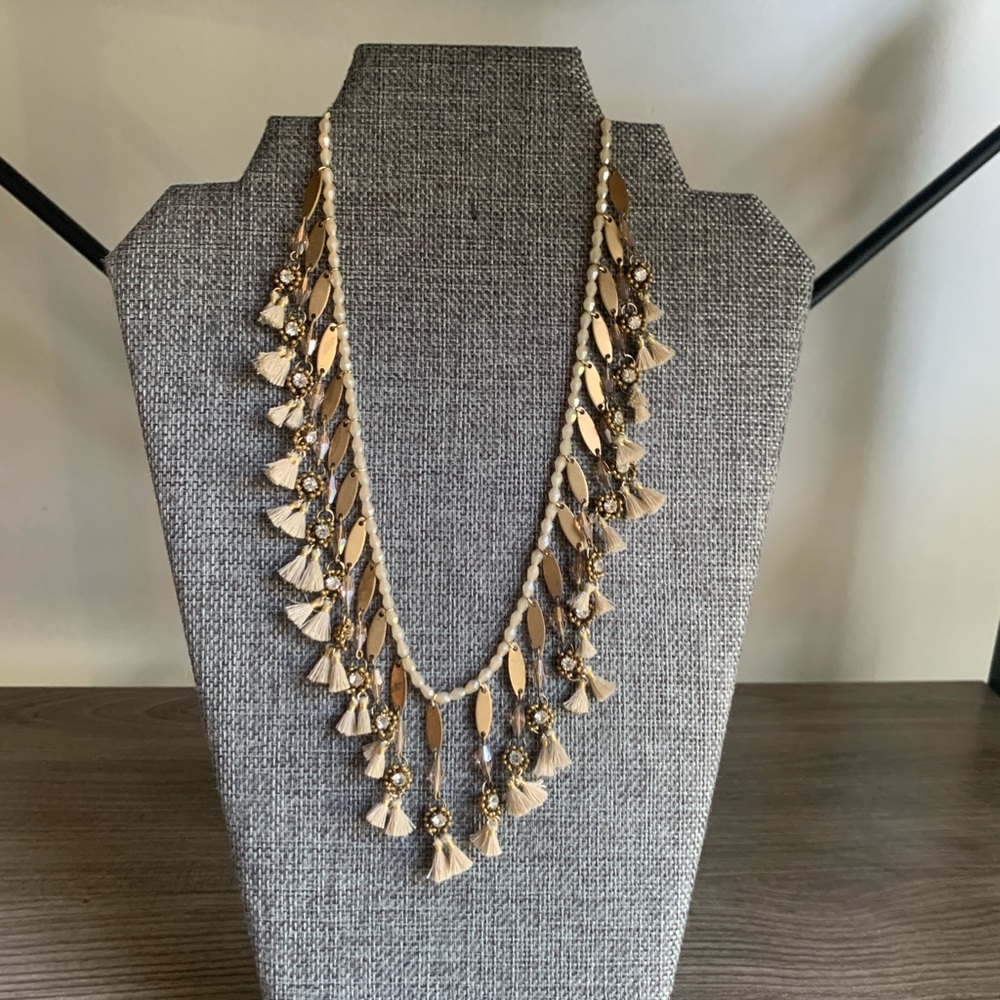 Anthropologie Serefina Boho Tan Beaded Mini Tassel Necklace 18” Long